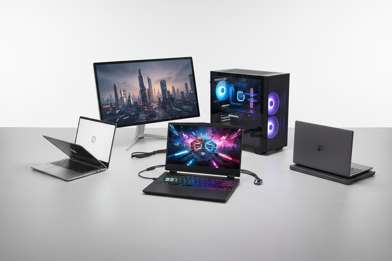 Laptops & Computers
High-performance laptops, desktops, and all-in-one computers for work, gaming, and creativity.
Gaming Laptops, Business Laptops, Ultrabooks, Desktop Towers, All-in-One PCs.
make this a collection of various laptops in a picture